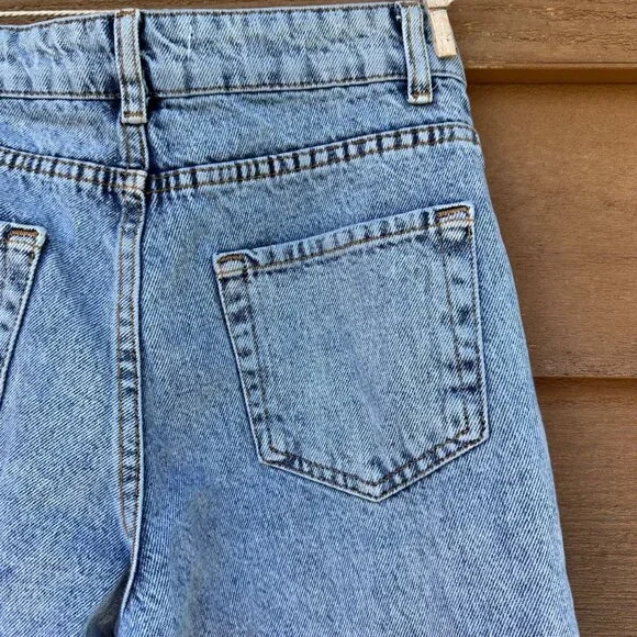 Distressed Blue Denim Jeans W/ Rhinestone Trim & Raw Hem For Women - Picture 12 of 14